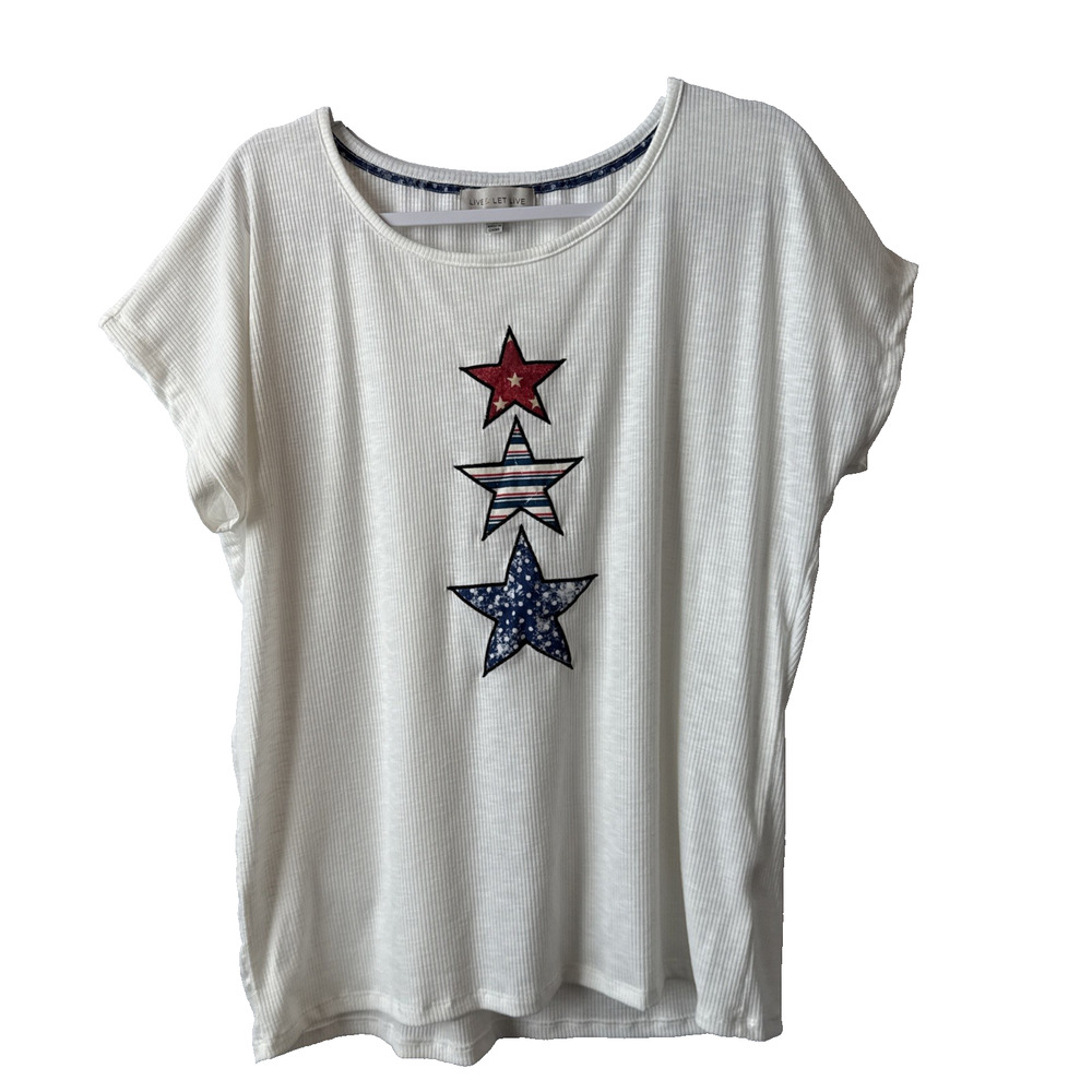 Live &‎ Let Live Women’s Plus 1X Patriotic Patchwork Star Ribbed Top USA America